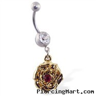 Navel ring with dangling yellow rose with red gem