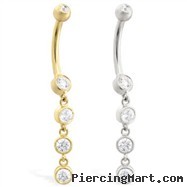 14K Gold belly ring with quadruple CZ dangle