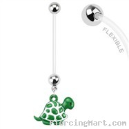 Long flexible bioplast pregnancy belly ring with dangling turtle