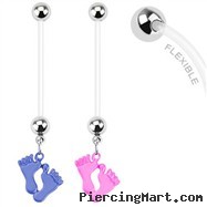 Long flexible bioplast pregnancy belly ring with dangling baby feet