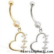 14K Gold belly ring with Clear CZ jeweled dangling heart