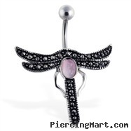 Elegant dragonfly belly button ring with pink cats eye