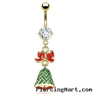 Gold Tone Christmas Belly Button Ring with Dangling Bow And Bell