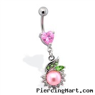 Heart gem navel ring with jeweled dangle and large PINK pearl