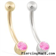 14K Gold Bezel Set Pink Tourmaline Belly Ring