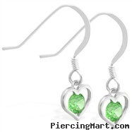 Sterling Silver Earrings with small dangling Peridot jeweled heart