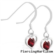 Sterling Silver Earrings with small dangling Garnet jeweled heart