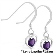Sterling Silver Earrings with small dangling Amethyst jeweled heart