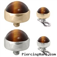 14K Gold internally threaded dermal top ball with 4mm Tiger Eye Brown Cabochon