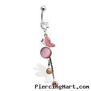 Jeweled navel ring with jeweled butterfly and dangling pink cz