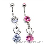 Belly Ring with Large CZ and Floating Hearts Dangle