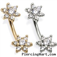 14K Gold Double Flower Belly Ring, CZ