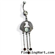 Hematite Wings with Heart Gem and Cascading Beads Dangle Navel Ring