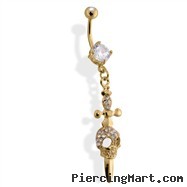 Belly Button Ring Gold Tone with Skull And Dagger, Clear Stone