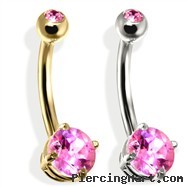 14K Gold Double Jeweled Belly Ring, Pink Tourmaline