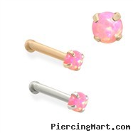 14K Gold Nose Bone with 2mm Round Pink Opal