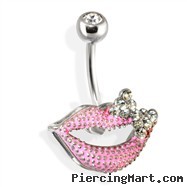 Steel Textured Lips Navel Ring with a Bow