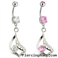 Steel Folded Hollow Leaf Dangling Belly Ring with Gem