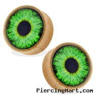 Pair Of Organic Wood Saddle Plugs with Green Eyeball