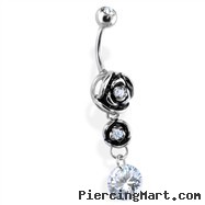 Belly Ring with Hollow Rose Dangle with Clear Gem