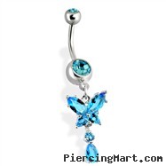 Belly Ring with Dangling Teardrop Gems and Butterfly