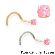 14K Gold Nose Screw with 2mm Round Pink Opal