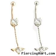 14K Gold Heart CZ with Wing and Heart Dangle Belly Ring