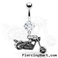 Navel Ring Round CZ with Motorcycle Dangle