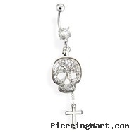 Navel Ring with Dangling Paved Skull And Cross