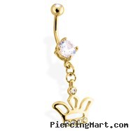 Gold Tone Belly Ring with Dangling Crown