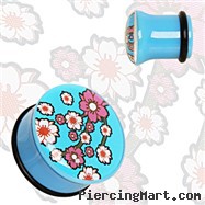 Pair Of Blue Acrylic Oriental Flower Blossom Single Flare Plugs