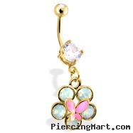 Gold Tone Belly Ring with Dangling Flower And Butterfly