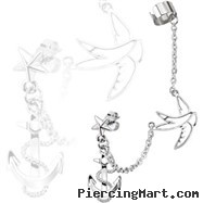 Star Stud Chain Earring with Swallow And Anchor Dangles with End Clip In Surgical Stainless Steel