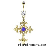 Fleur De Lis Cross with Centered Blue Gem Dangle Gold Tone Navel Ring