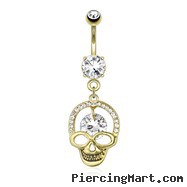 Hollowed Skull with Gem Paved Cranium Edge And Hanging Large CZ Dangle Gold Tone Navel Ring