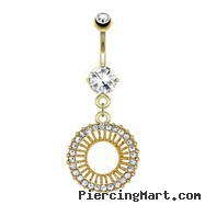 Circle with Gem Paved Edge Dangle Gold Tone Navel Ring