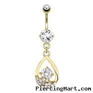 Hollowed Tear Drop with Paved Gems And Attached Large CZ In The Middle Dangle Gold Tone Navel Ring