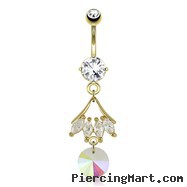 Leaf with CZ And Round Prism Dangle Gold Tone Navel Ring