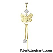 Butterfly Wings Overlapped And CZ Attached To Chain String Dangle Gold Tone Navel Ring