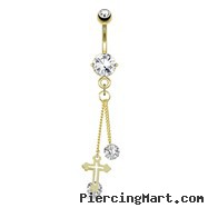 Cross with Large Round CZ Attached By Chain String Dangle Gold Tone Navel Ring