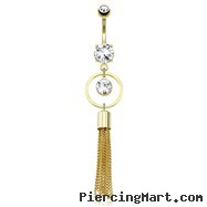 Large Round CZ Encircled By Round Ring with Extending Multi Chain Strings Dangle Gold Tone Navel Rin