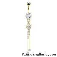 Large Round CZ with Two Extending Strings Of Square Gems Dangle Gold Tone Navel Ring