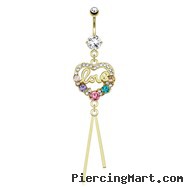 Heart Paved Gems with Multi Colored Gems And Word "Love" Dangle Gold Tone Navel Ring