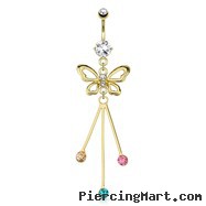 Gemmed Butterfly with Protruding Colored Gems Dangle Gold Tone Navel Ring