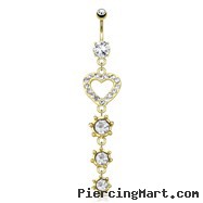 CZ Paved Heart with String Of Circular CZ Dangle Gold Tone Navel Ring