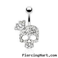 Skull with Paved Gem And Gemmed Four Point Crown Surgical Steel Navel Ring