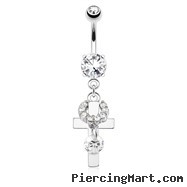 Cross with Gem Circle Dangle And Round Gem Mini Dangle Surgical Steel Navel Ring