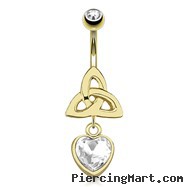 Celtic Knot with Single Clear Gem Heart Dangle Gold Tone Navel Ring