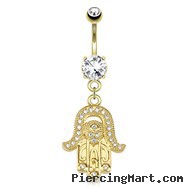 Hamsa Gem Paved Dangle Gold Tone Navel Ring