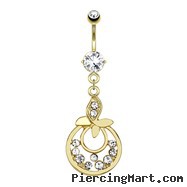 Leaf with Gems And Attached Hoops Between with Multiple CZ Dangle Gold Tone Navel Ring